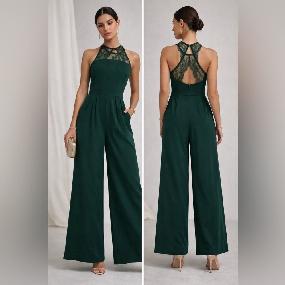 One One Six Emerald Green Lace Halter Wide Leg Jumpsuit Size S